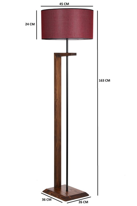 Opviq Lámpara de pie de madera y metal con pantalla de tela en nogal y rojo burdeos